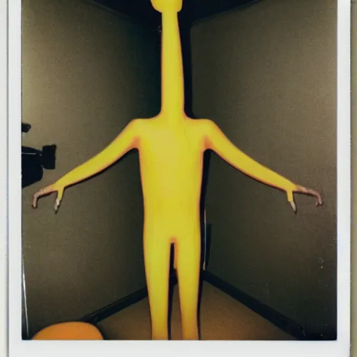 Prompt: color Polaroid of an extremely tall creature in a hallway with long limbs and yellow energy