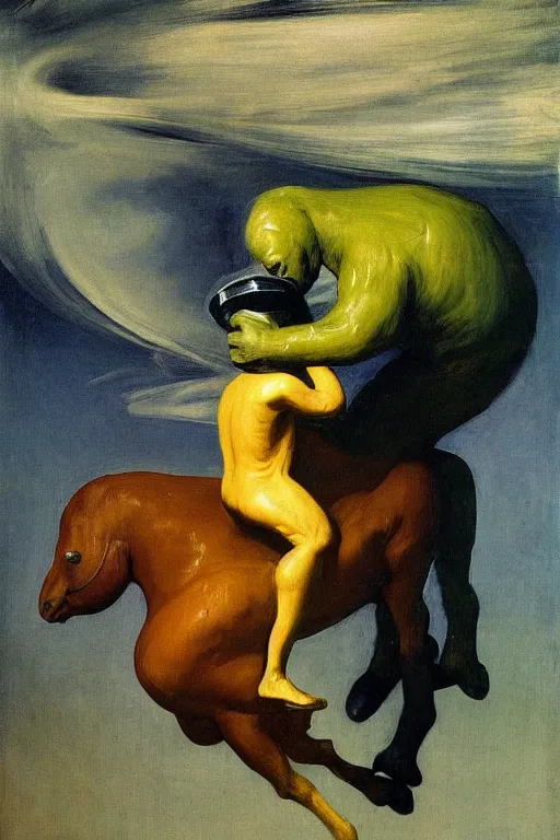 Image similar to a small man with a horse's head sits astride a man in an astronaut costume, hauntingly surreal, highly detailed painting by francis bacon, edward hopper, adrian ghenie, gerhard richter, and james jean soft light 4 k,