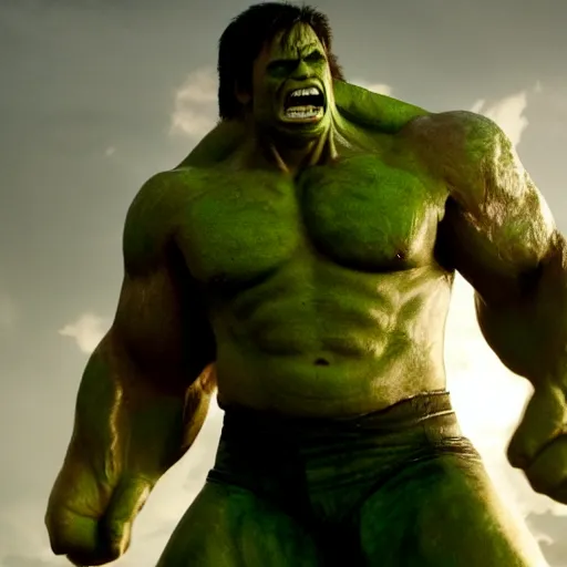 Image similar to a still frame of nicholas cage as the hulk, from the 2 0 1 2 film the avengers