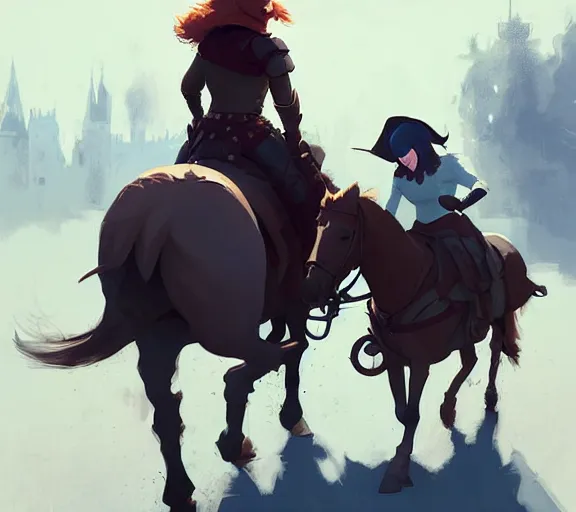 Image similar to a brunette man and a ginger woman riding on horseback on a track, medieval times by atey ghailan, by greg rutkowski, by greg tocchini, by james gilleard, by joe fenton, by kaethe butcher, dynamic lighting, gradient light blue, brown, blonde cream and white color scheme, grunge aesthetic