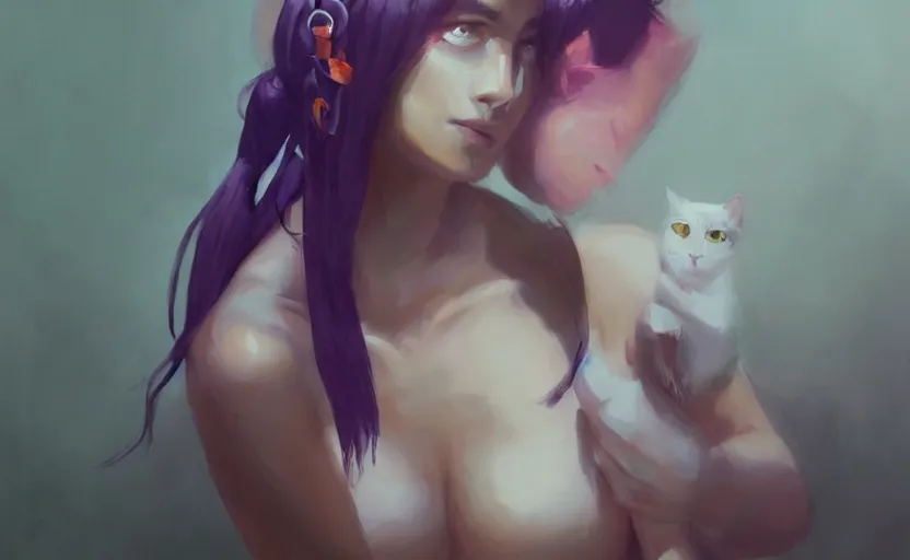 Image similar to a painting of swervy trending on artstation in the style of greg rutkowski, beautiful, sensual, natural skin, woman with cat ears, purple - eyes