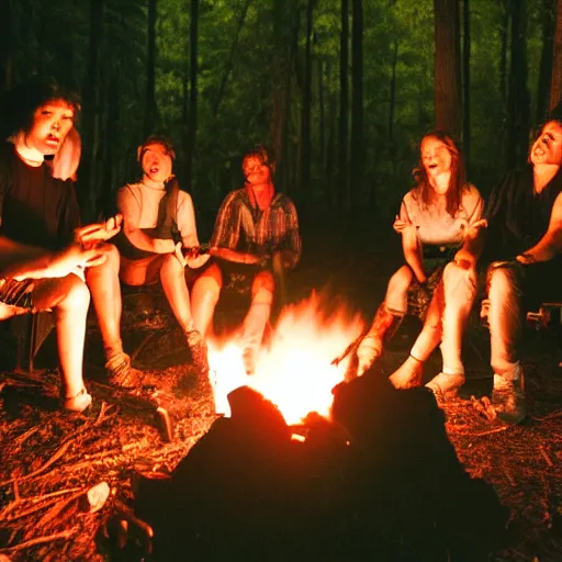 Image similar to A group of people sit around a campfire in the middle of a dark forest. They look tired and scared, Horror, Creepy, Spooky, Camcorder, VHS quality,