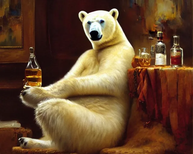 Prompt: an exhausted polar bear girl in her studio with a bottle of whisky. furry body. highly detailed painting by gaston bussiere, craig mullins, j. c. leyendecker 8 k