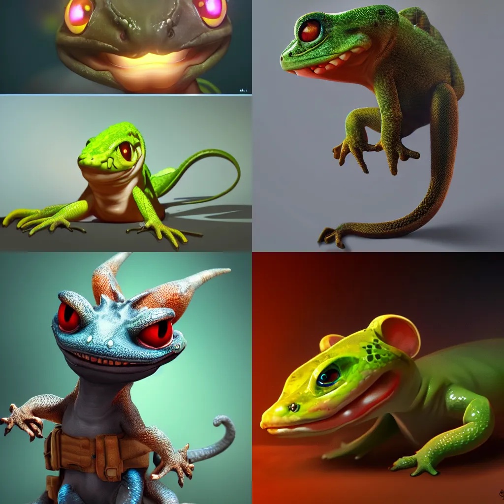 Prompt: oncept art angry cute gecko, 8 k resolution, artstation trending, rtx, soft lighting