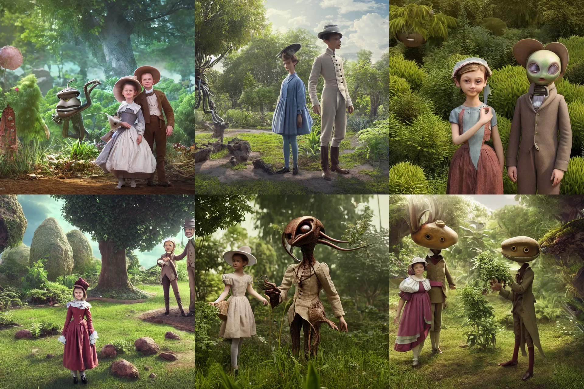 Prompt: detailed, sharp, a girl and a boy standing next to some alien plants, looking happy, wearing 1850s era clothes, their small pet alien creature is standing nearby, in a park on an alien planet, extremely highly detailed, hyperrealistic, octane render, 8k, HD, good lighting