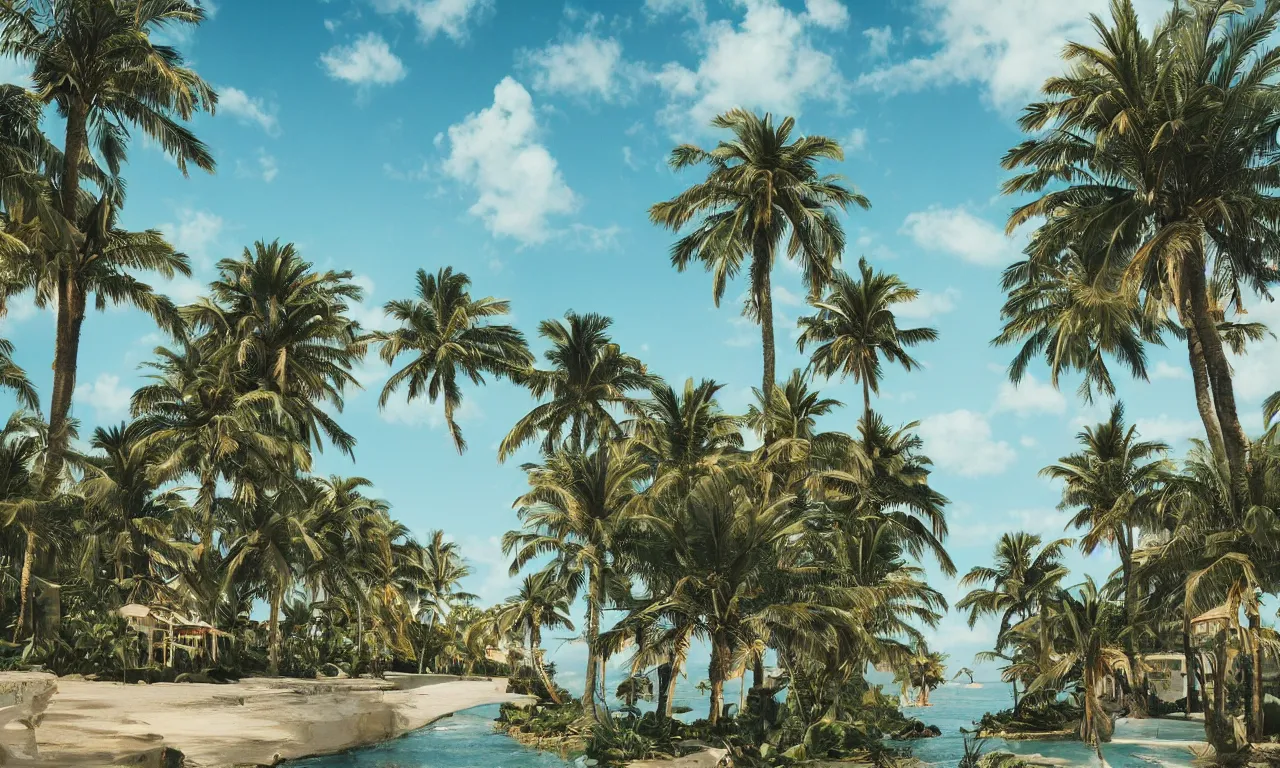 Prompt: Beautiful magical palm beach, trending on artstation, 50mm