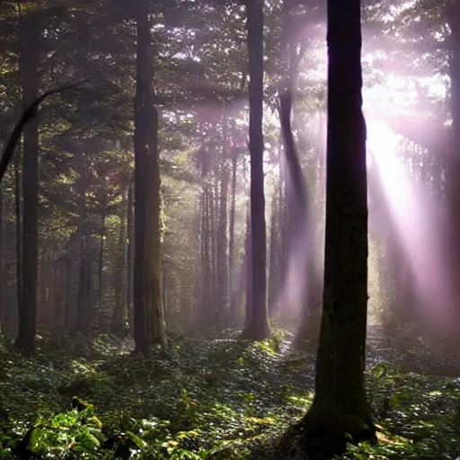 Image similar to eerie forest overgrown with mushrooms with sun rays peeking through the trees