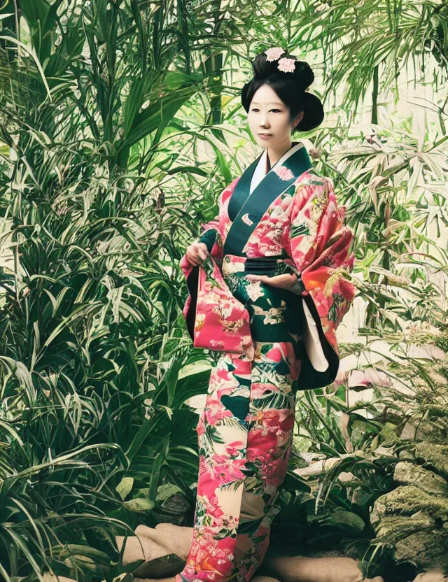 Image similar to fashion photograph of a pretty Japanese woman wearing a traditional kimono in an tropical greenhouse, by Annie Leibowitz, extremely detailed, large format camera, Fuji Provia film, 85mm lens, bokeh blurred background, photorealistic, trending on instagram, trending on artstation