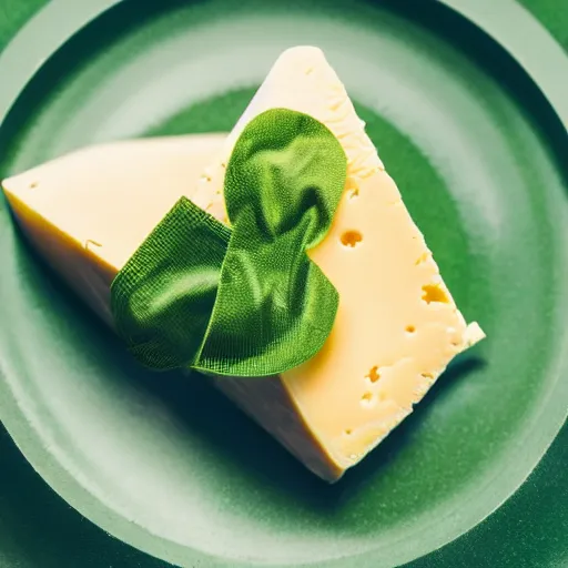 Prompt: a wedge of cheese with a green participation badge hanging from the side, stock art, 8K