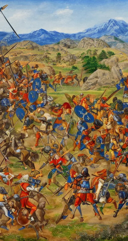 Image similar to colorful simple wideshot of a small medieval battle in front of a beautiful large blue mountainscape, painting