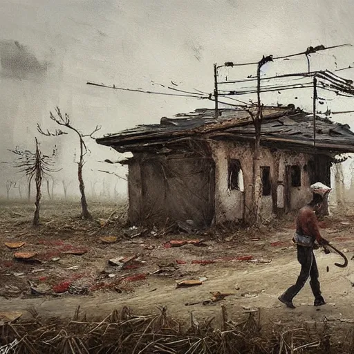 Image similar to painting by jakub rozalski of a person walking with a wheelbarrow in an abandoned post soviet town infested with root monsters