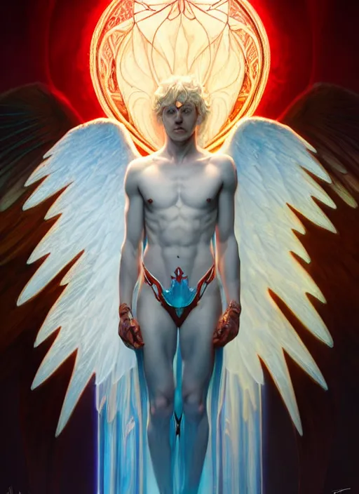 Prompt: the pale blond male angel of battle lucius smirking, sci fi, glowing eyes, volumetric lights, red and cyan theme, art nouveau botanicals, intricate, highly detailed, digital painting, artstation, concept art, smooth, sharp focus, cinematic, illustration, beautiful face, art by artgerm and greg rutkowski and alphonse mucha