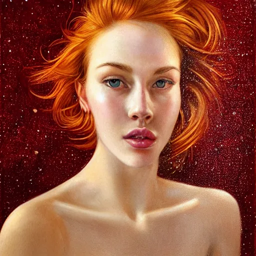 Prompt: a highly detailed, hyper realistic, stunning portrait of a red haired young woman, surrounded by the lights of golden fireflies, long hair, green eyes, hint of freckles, round gentle face, cheeky smile, romantic, deep focus, elegant, digital painting, smooth, sharp, golden ratio, illustration, art by artgerm and caravaggio