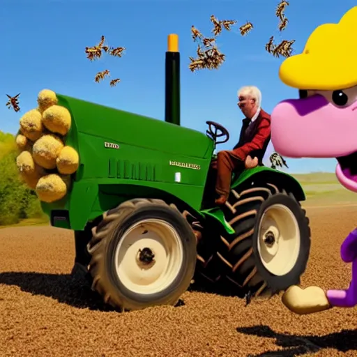 Prompt: high - quality of steve martin driving a tractor, being chased by barney the dinosaur and a swarm of bees, 4 k
