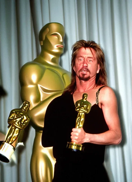 Prompt: a hyper realistic ultra realistic photograph of Joe Dirt winning an oscar, highly detailed, 8k photograph, real