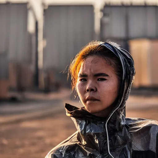 Image similar to photographic portrait of a poor techwear woman holding back tears, a futuristic shanty town burns in the background, closeup, sigma 85mm f/1.4, 4k, depth of field, high resolution, 4k, 8k, hd, full color