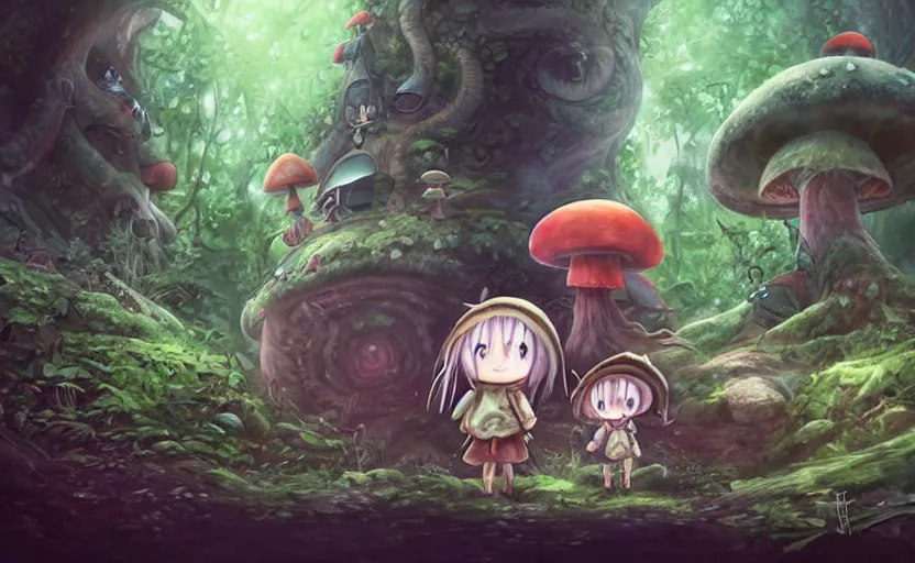 Image similar to cute little girl with an long hair wearing an mushroom hat in the dark forest next to a sinister monster, cute artwork, clean detailed art, inspired made in abyss, detailed background, fantastic world, spectacular quality