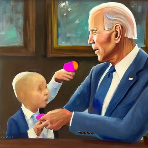 Image similar to a painting of joe biden stealing a lolly from a child