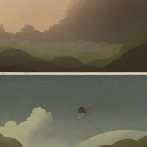 Prompt: Stuido Ghibli style art of a utopian heaven in the sky with people wearing white robes, peaceful, atmospheric, foggy, calm
