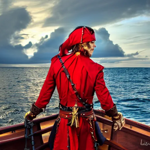 Prompt: a red male tiefling pirate wearing a pirate coat with shiny gold buckles and a rapier on his hip, standing at the prow of his ship looking out over the water, uhd, high detail, sunset lighting