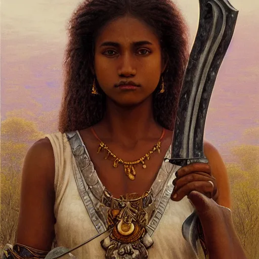 Image similar to artstation concept of a beautiful girl holding a sword in both hands, brown skin, sweaty skin, symmetrical face, casual white garment, brown canyon background, shiny colorful, hyperdetailed, artstation trending, world renowned artists, worth1000.com, historic artworks society, antique renewel, cgsociety, by greg rutkowski, by Gustave Dore, Deviantart