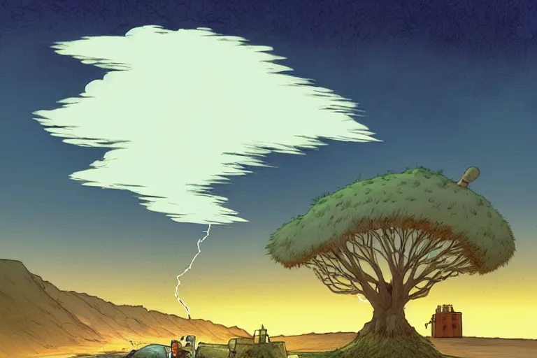 Image similar to a study of a cell shaded cartoon of lightning hitting a tree from howl's moving castle ( 2 0 0 4 ) at night on a desert road, full body, wide shot, very muted colors, post grunge, studio ghibli, laurie greasley, highly detailed, deviantart, art by artgem