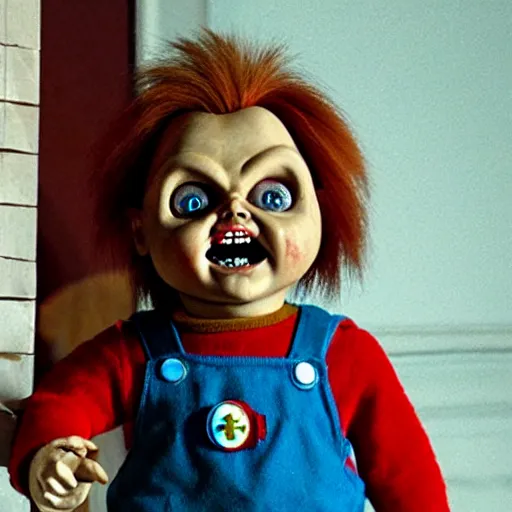 Image similar to chucky the killer doll standing in a room full of creepy evil killer dolls