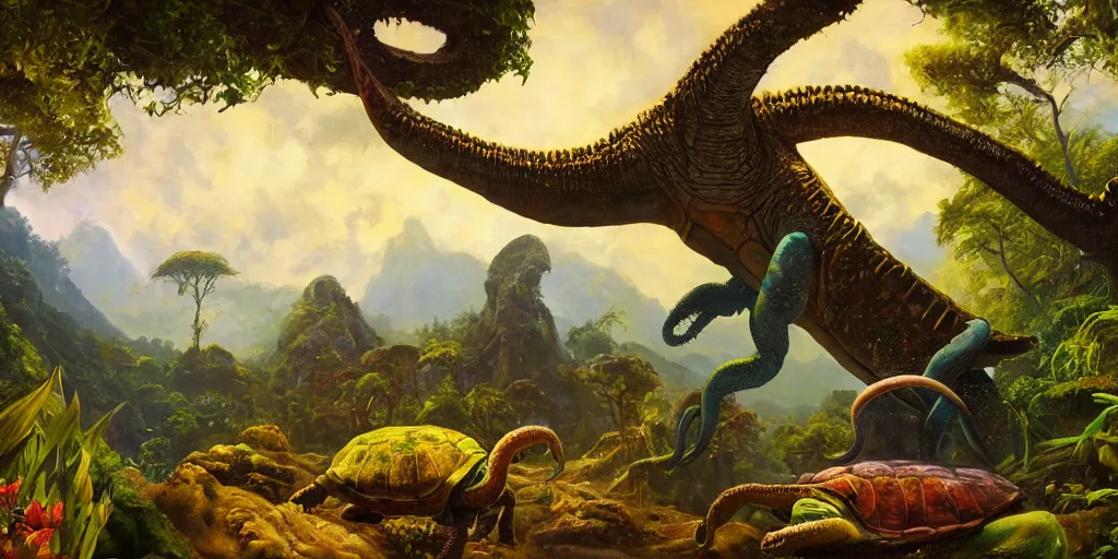 Image similar to fantasy oil painting, great leviathan, turtle cephalopod terrapin reptilian pachyderm amphibian hybrid, epic natural light, lush plants flowers, rainforest mountains, bright clouds, luminous sky, outer worlds, dynamic lighting, michael cheval, edward hopper, michael whelan, vray, 8 k hd