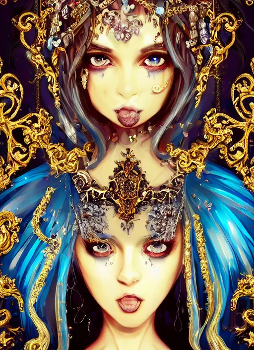 Image similar to baroque bedazzled gothic royalty frames surrounding a pixelsort rimuru tempest smiling, sky blue straight hair, bangs, with amber eyes, yellow golden eyes, wearing a black maximalist spiked jacket, high collar, ultra detailed, concept art, digital painting, pretty, cinematic, wlop artstationin wonderland, sharpened early computer graphics, remastered chromatic aberration