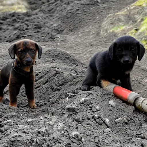 Prompt: puppy working in a coal mine,