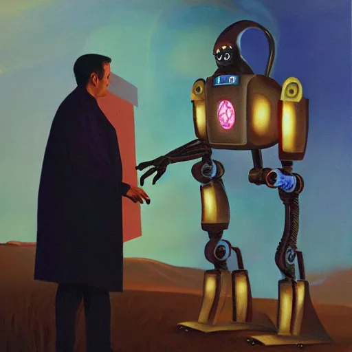 Image similar to a robot missionary trying to convert an alien to christanity, oil on canvas