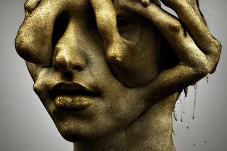 Prompt: a sculpture of a person, golden tears, a marble sculpture by nicola samori, behance, neo - expressionism, marble sculpture, apocalypse art, made of mist
