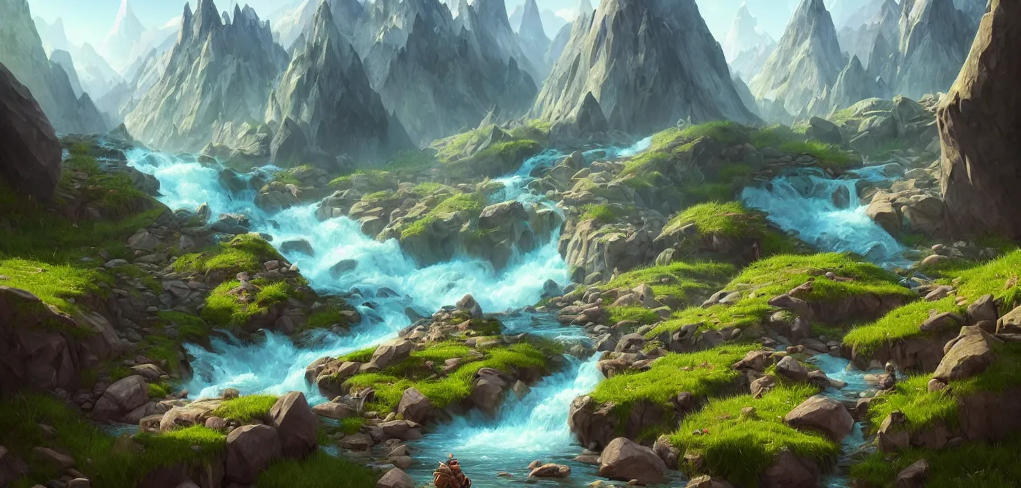 Image similar to lake in mountains streams and rivers flow down slopes of mountains and rocks into the valley spring in mountains, trumpet, by dom qwek, fish eye view, trending on polycount, artstation, 3 d hammer modeling, hd, vray, 8 k, sharp high quality artwork in style of greg rutkowski, concept art, blizzard warcraft artwork, hearthstone card artwork