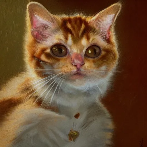 Image similar to baroque painting of ginger kitten by Van Gogh, portrait, close up, hyper detailed, artstation, high definition cgsociety, render, cinematic, symmetry, oil painting, canvas!