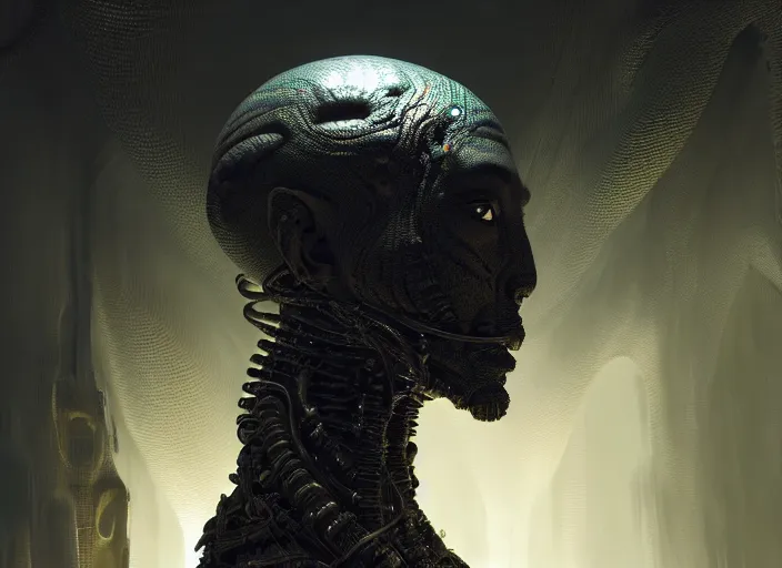 Prompt: a mysterious translucent space alien, african face, eerie shimmering surroundings, concept art, intricate, detailed, award - winning, cinematic, octane render, 8 k, photorealistic, unreal engine, by tsutomu nihei, by emil melmoth, by gustave dore, by craig mullins, by yoji shinkawa