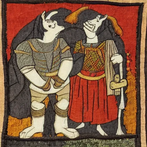 Image similar to medieval tapestry depicting shrek and donkey