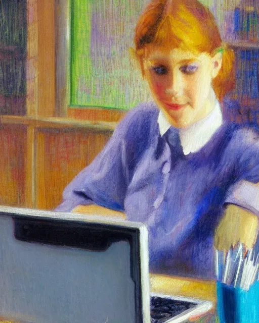 Prompt: an impressionist oil portrait of a young teacher of computer science with a computer, colorful, high resolution