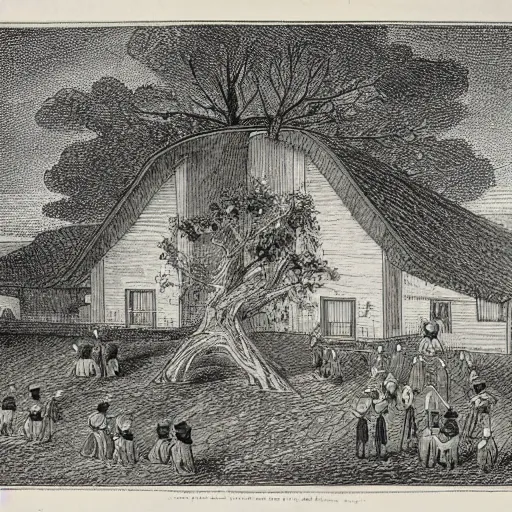 Image similar to an anthill the shape of a school drawn by charles bowater