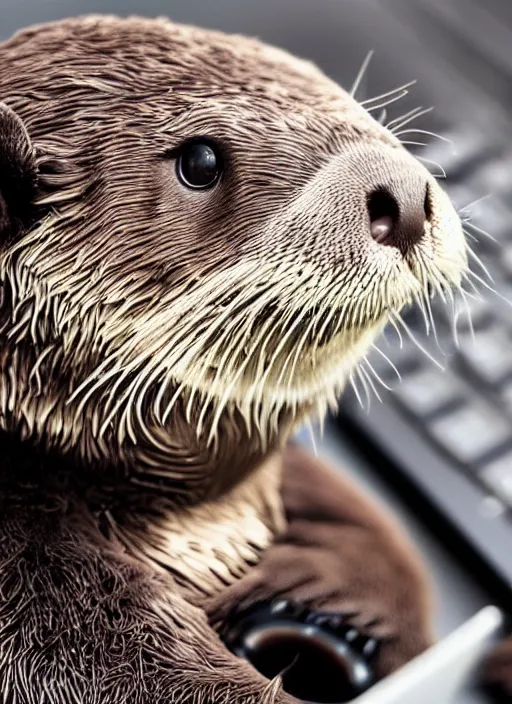 Prompt: cute sea otter wearing headphones sitting in front of a computer
