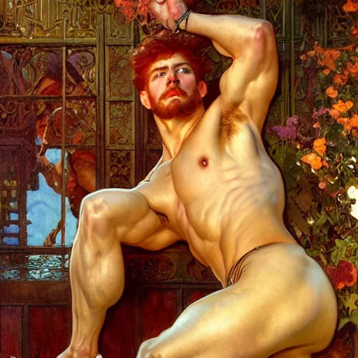 Image similar to attractive muscular mike with ginger hair with muscular attractive tyler with brunet hair, drinking their hearts out, in their noble mansion. highly detailed painting by gaston bussiere, craig mullins, j. c. leyendecker, alphonse mucha 8 k