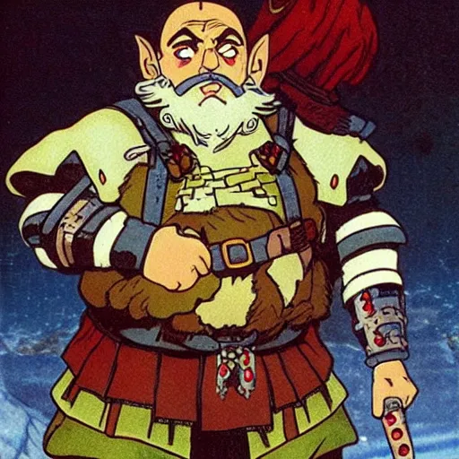 Image similar to gimli the dwarf an 80\'s anime world, wearing armor, incredibly detailed, ultra realistic, satoshi kon