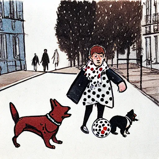 Image similar to book illustration of a french boy on the streets of paris playing football against a corgi, the dog is wearing a polka dot scarf, 1 9 6 6