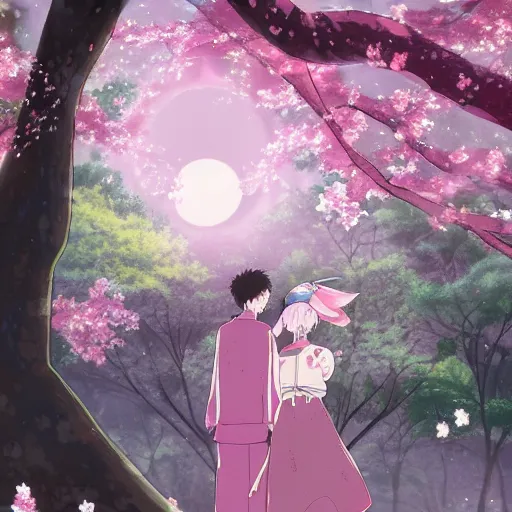 Download two anime characters hugging under a cherry blossom tree