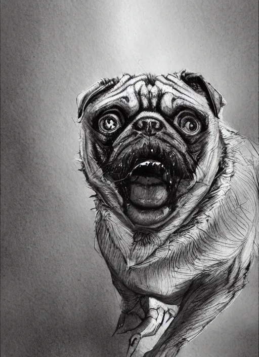 Prompt: a werepug, watercolor, dramatic lighting, cinematic, establishing shot, extremely high detail, foto realistic, cinematic lighting, pen and ink, intricate line drawings, by Yoshitaka Amano, Ruan Jia, Kentaro Miura, Artgerm, post processed, concept art, artstation, matte painting, style by eddie mendoza, raphael lacoste, alex ross