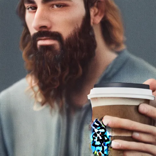 Prompt: hipster jesus ordering starbucks coffee, realistic artstyle, wide shot, dramatic lighting, octane render, hyperrealistic, high quality, highly detailed, HD, beautiful, cinematic, 8k