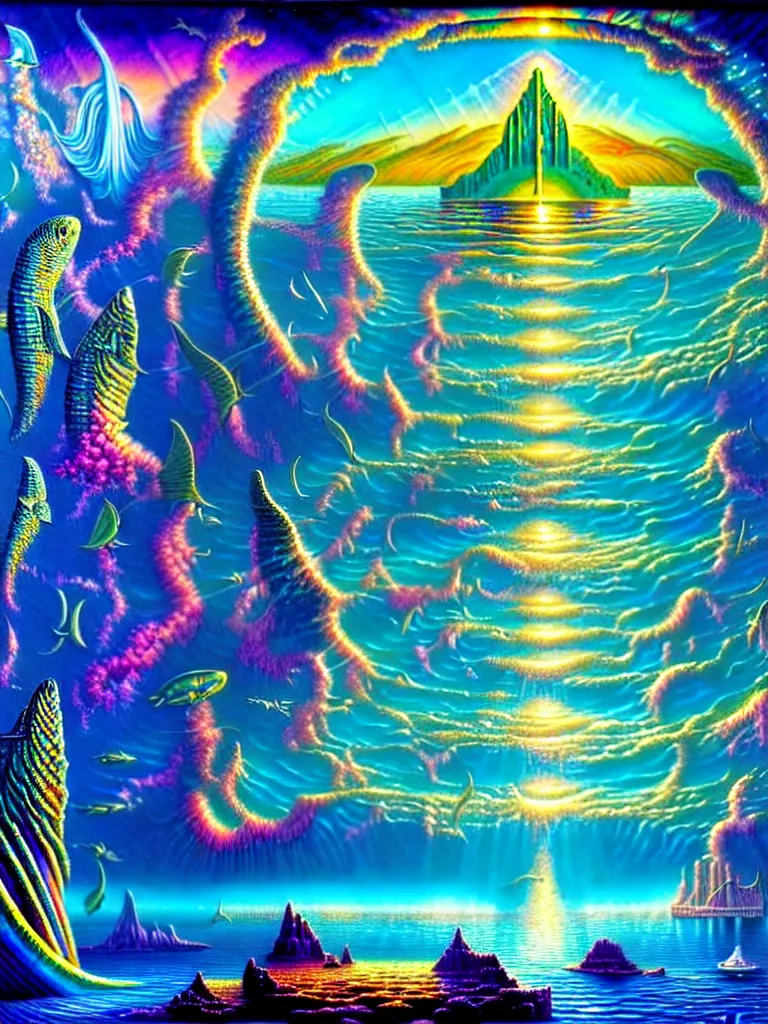 Prompt: a photorealistic detailed image of a beautiful vibrant iridescent seascape of atlantis, spiritual science, divinity, utopian, by david a. hardy, hana yata, kinkade, lisa frank,