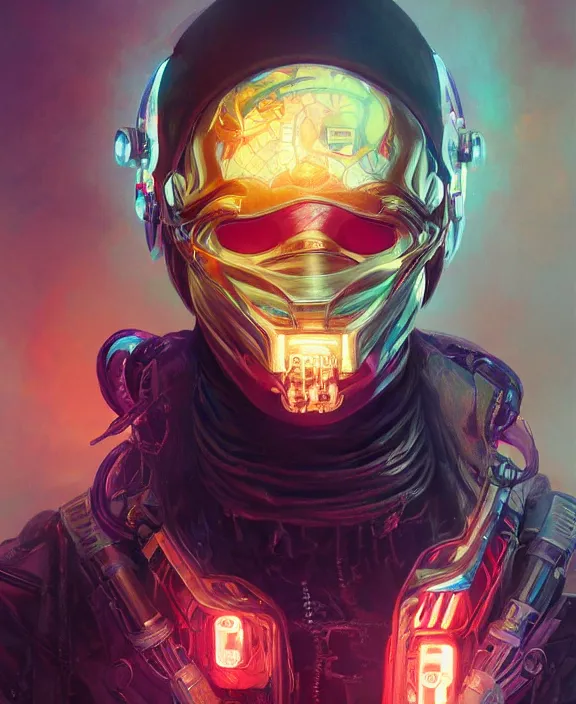 Prompt: portrait of a cyberpunk masked male evil, half body, glowin eyes, d & d, fantasy, intricate, elegant, highly detailed, colorful, vivid color, digital painting, artstation, concept art, art by artgerm and greg rutkowski and alphonse mucha and ruan jia