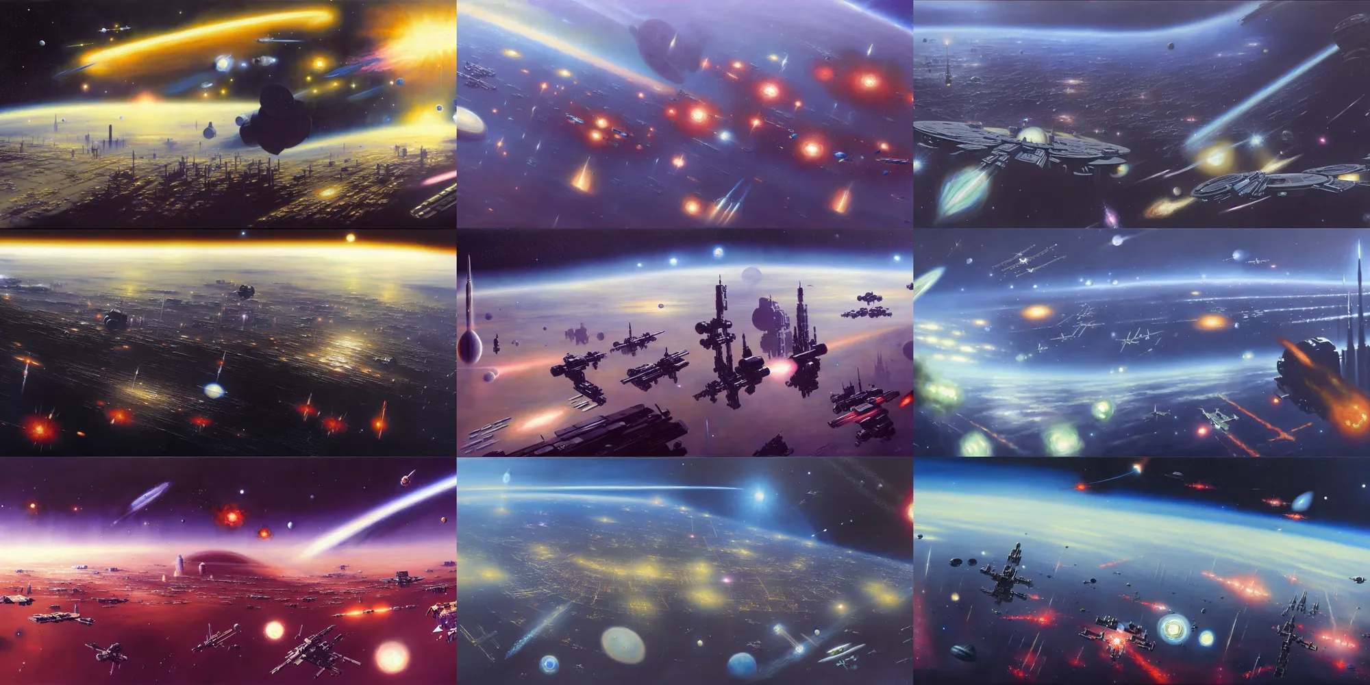 Image similar to a gorgeous painting of the low earth orbit space city under war by john harris. ultra clear detailed. 8 k