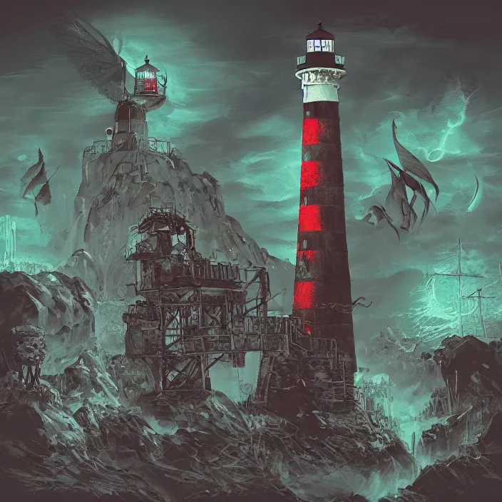 Prompt: the lighthouse of the necromancers, electronicpunk, digital illustration
