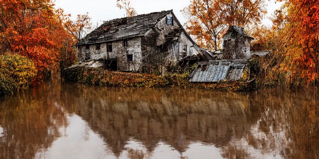 Image similar to abandoned village, autumn, flood, very detailed